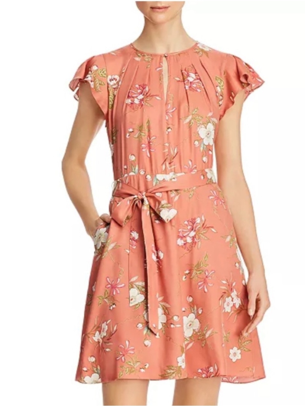 Rebecca Taylor Lita Sunset Coral Floral Silk Blend Mini Tie Waist Dress Size 10
